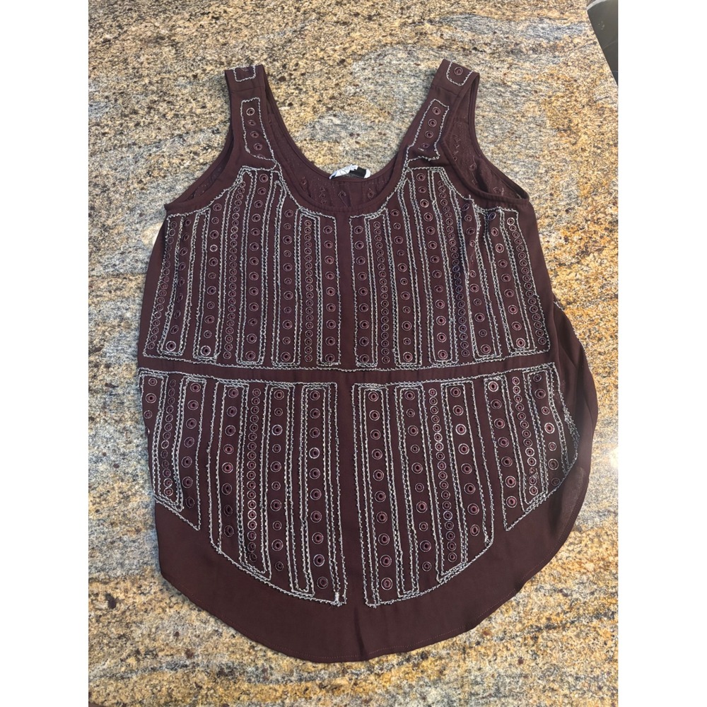Parker Dark Reddish Brown Silk Tank Top Sequins Beading Details Size M